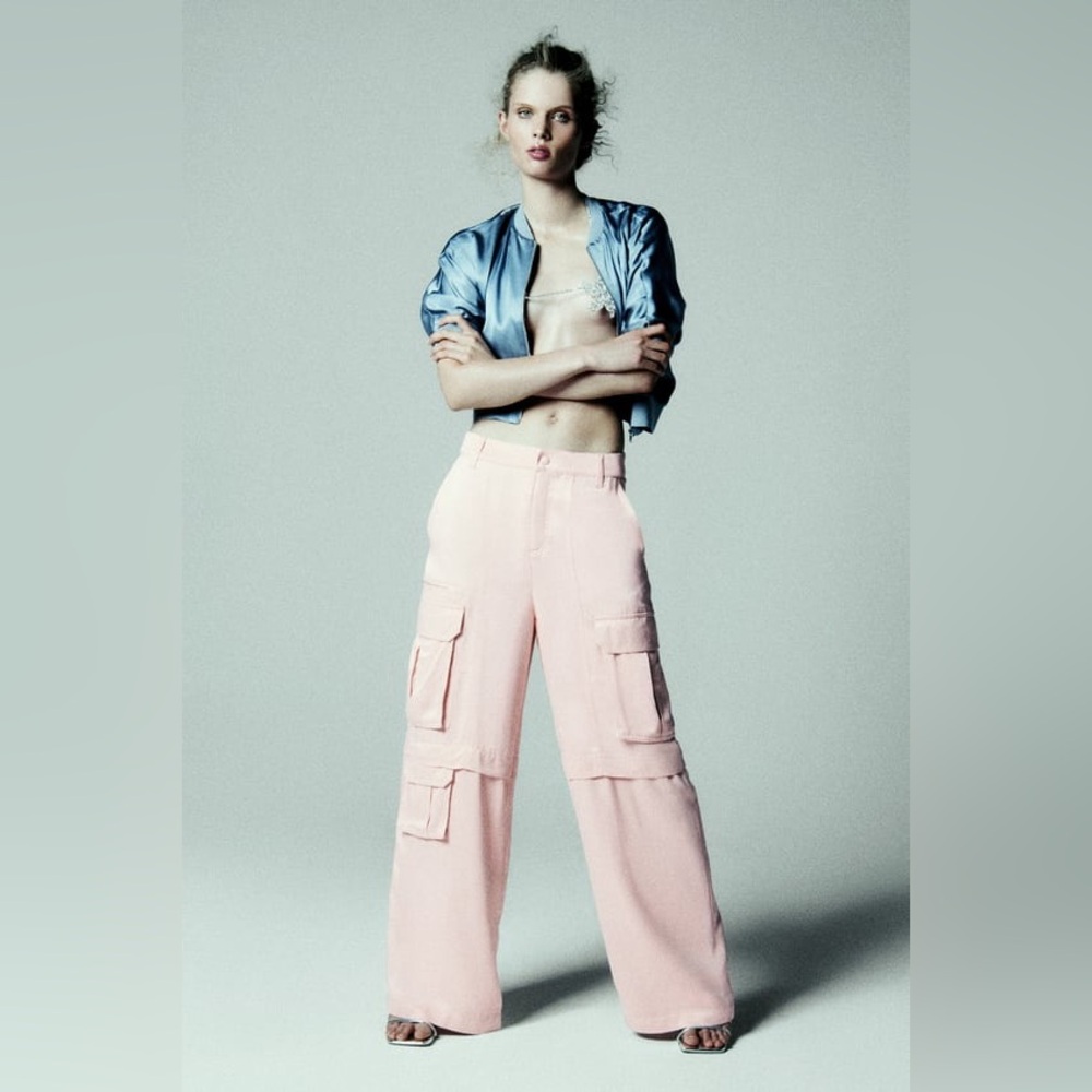 NWT Zara pink satin effect carpenter cargo pants viscose 9663/042/622 medium